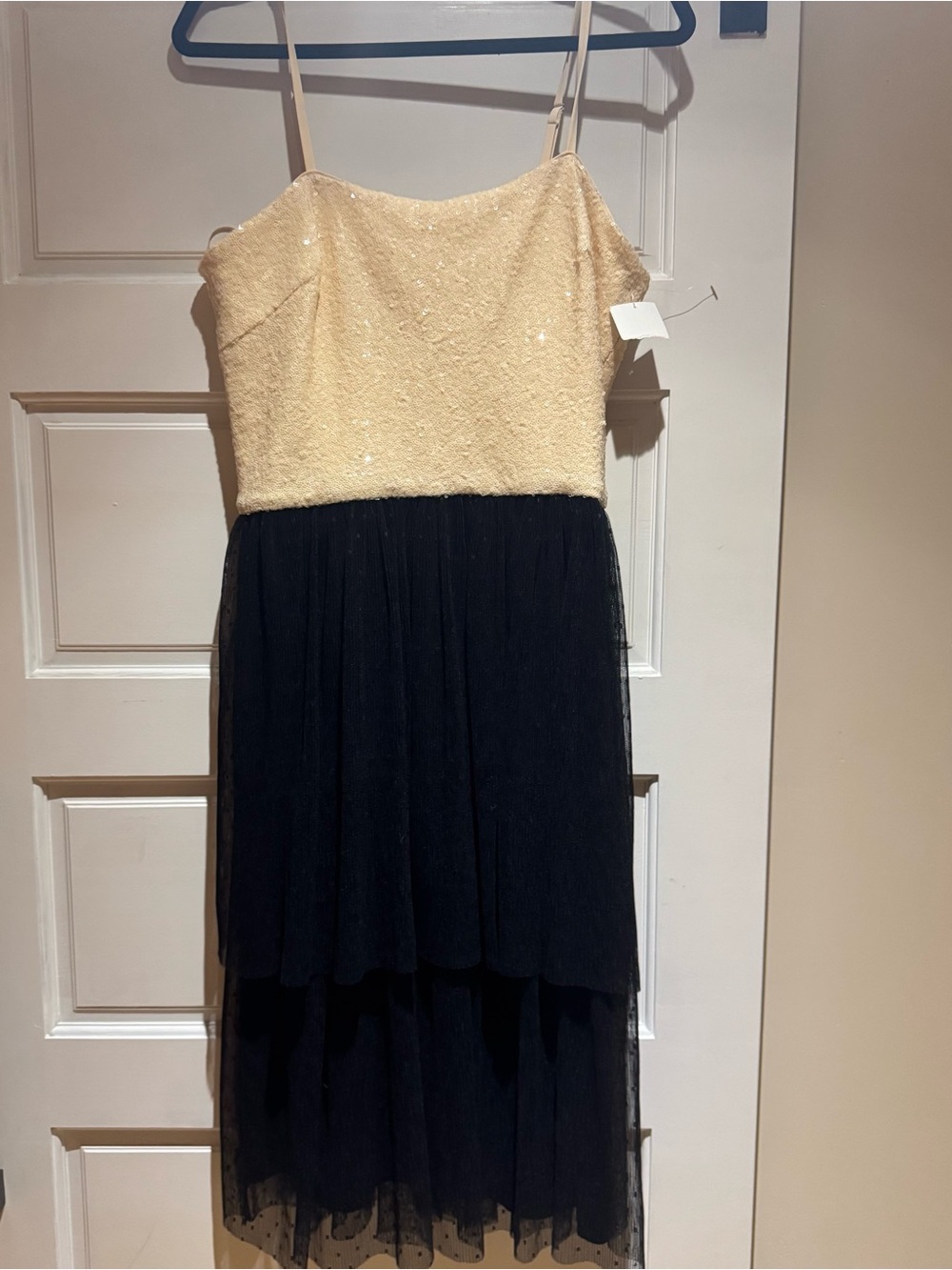 Dress the Population Cream Sequin Bodice Black Tiered Tulle Dress